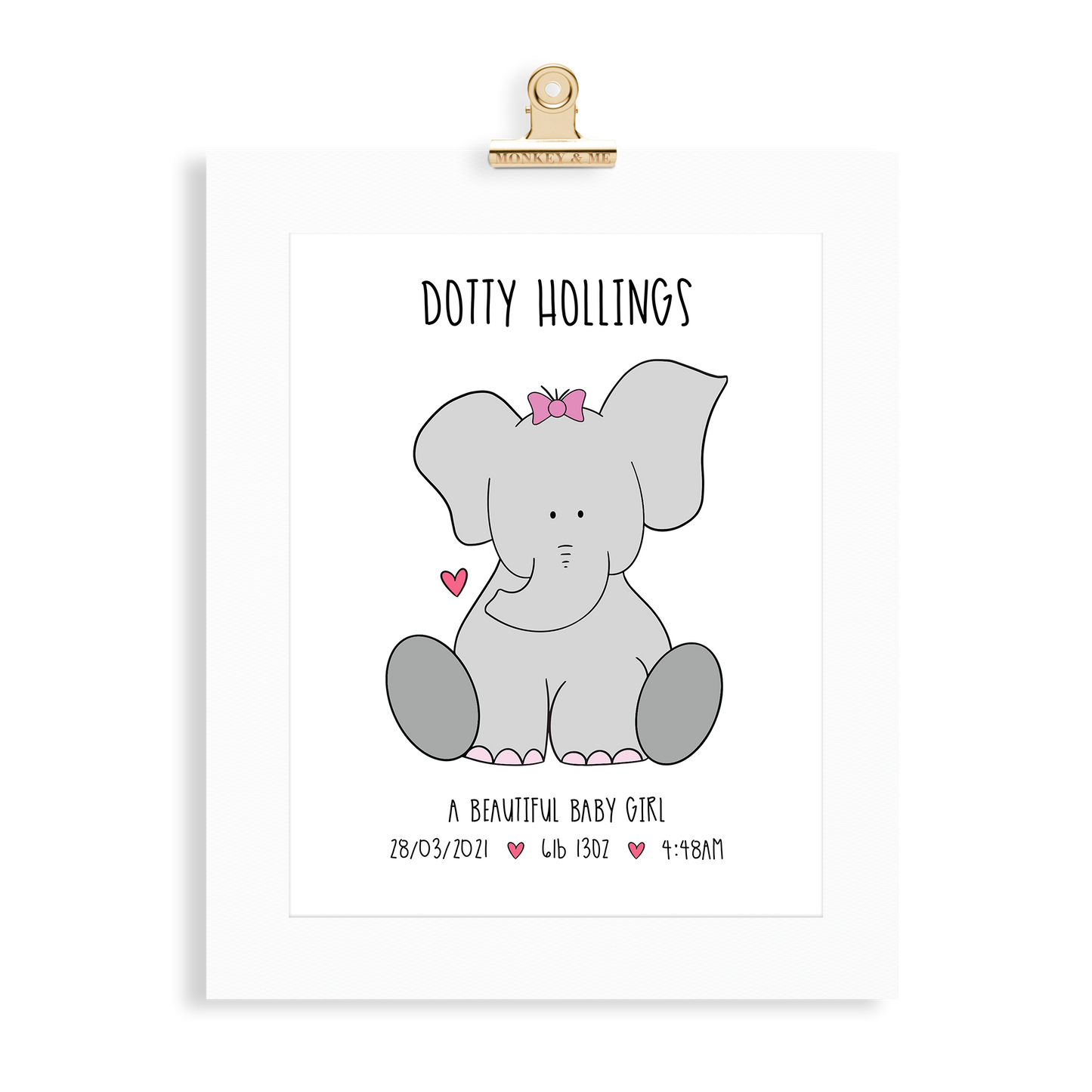 Baby Girl Elephant (A4 Personalised) - Monkey & Me UK