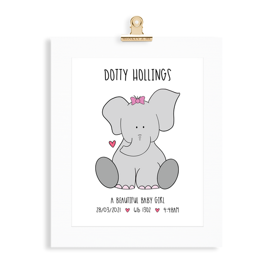 Baby Girl Elephant (A4 Personalised) - Monkey & Me UK